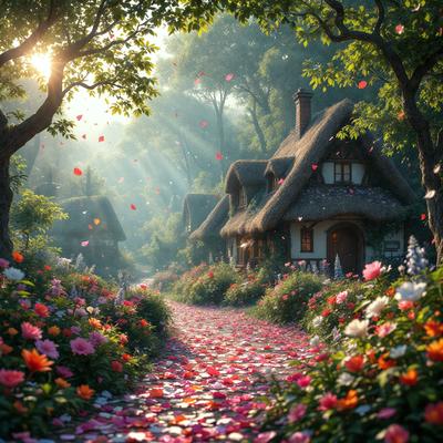 The primary subject of the image is a small cottage with a thatched roof, surrounded by a beautiful garden filled with flowers. The setting is a lush, colorful forest with a dirt path leading to the cottage. The visual style is a combination of photo and digital art, creating a vibrant and whimsical atmosphere. The colors and mood are predominantly warm and inviting, with the flowers and the cottage's thatched roof adding a touch of rustic charm.